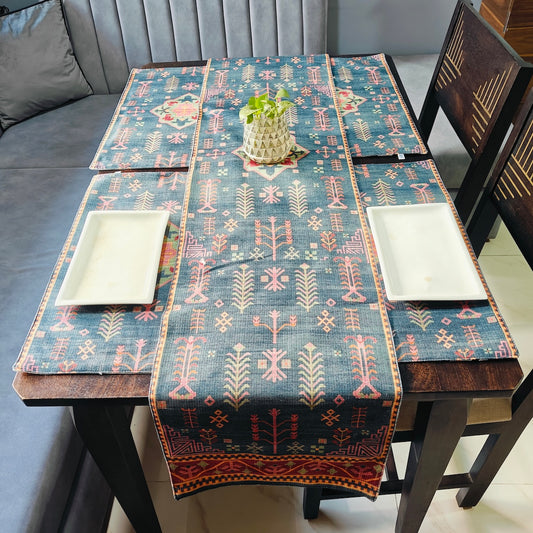 Decorative Printed Denim Blue Polyester Table Runner 6 Seater Size 14"X72"
