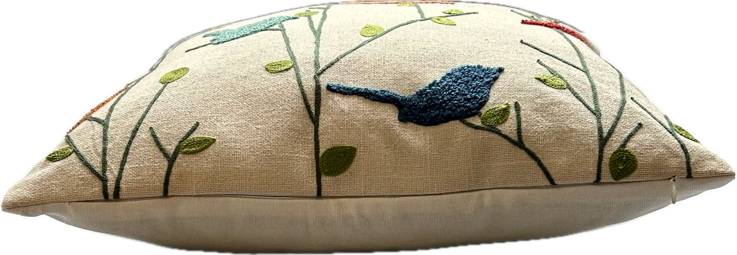 Hand Embroidery Chrupy Birds Cream Cotton Slub Cushion Cover Size 16"x16"