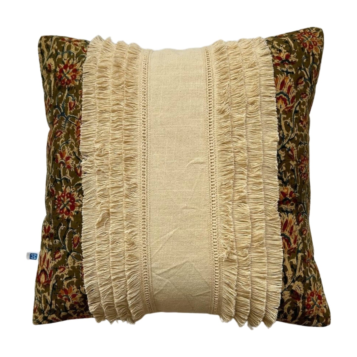 Kalamkari Edges Fringes Mix and Match Designer Cream Cotton Slub Cushion Cover Size 16"x16" Set of 2