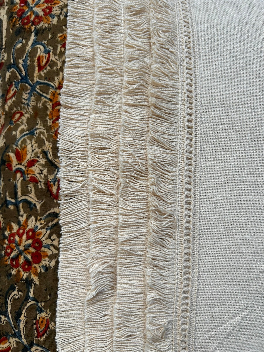 Kalamkari Edges Fringes Mix and Match Designer Cream Cotton Slub Cushion Cover Size 16"x16" Set of 2