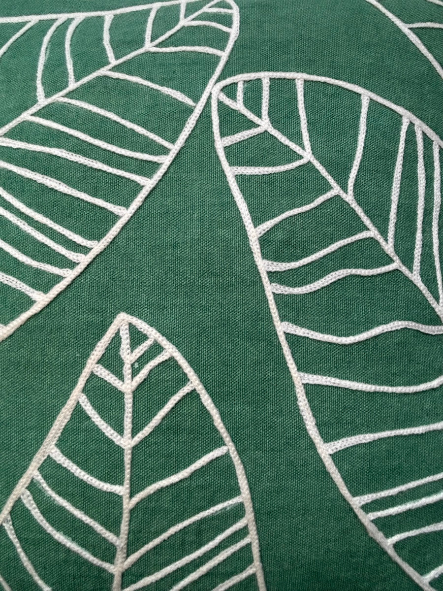 Hand Embroidery Snowy Leaves Green Cotton Cushion Cover Size 16"x16"