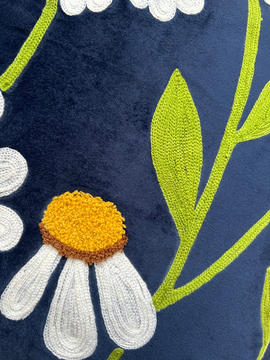 Hand Embroidery White Flower Glow Navy Blue Silk Velvet Cushion Cover Size 16"x16" Set of 2
