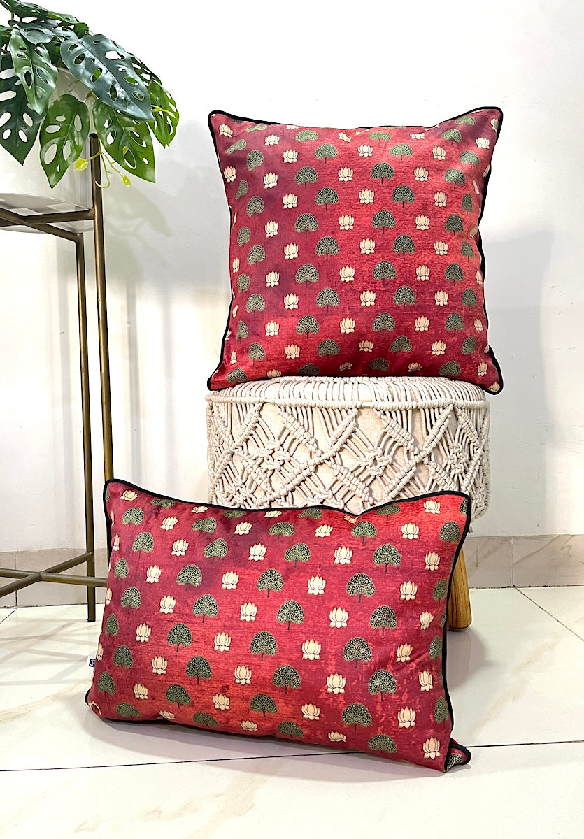 Premium Velvet Pichwai Lotus Print Cushion Cover Maroon Size 16"x 16"