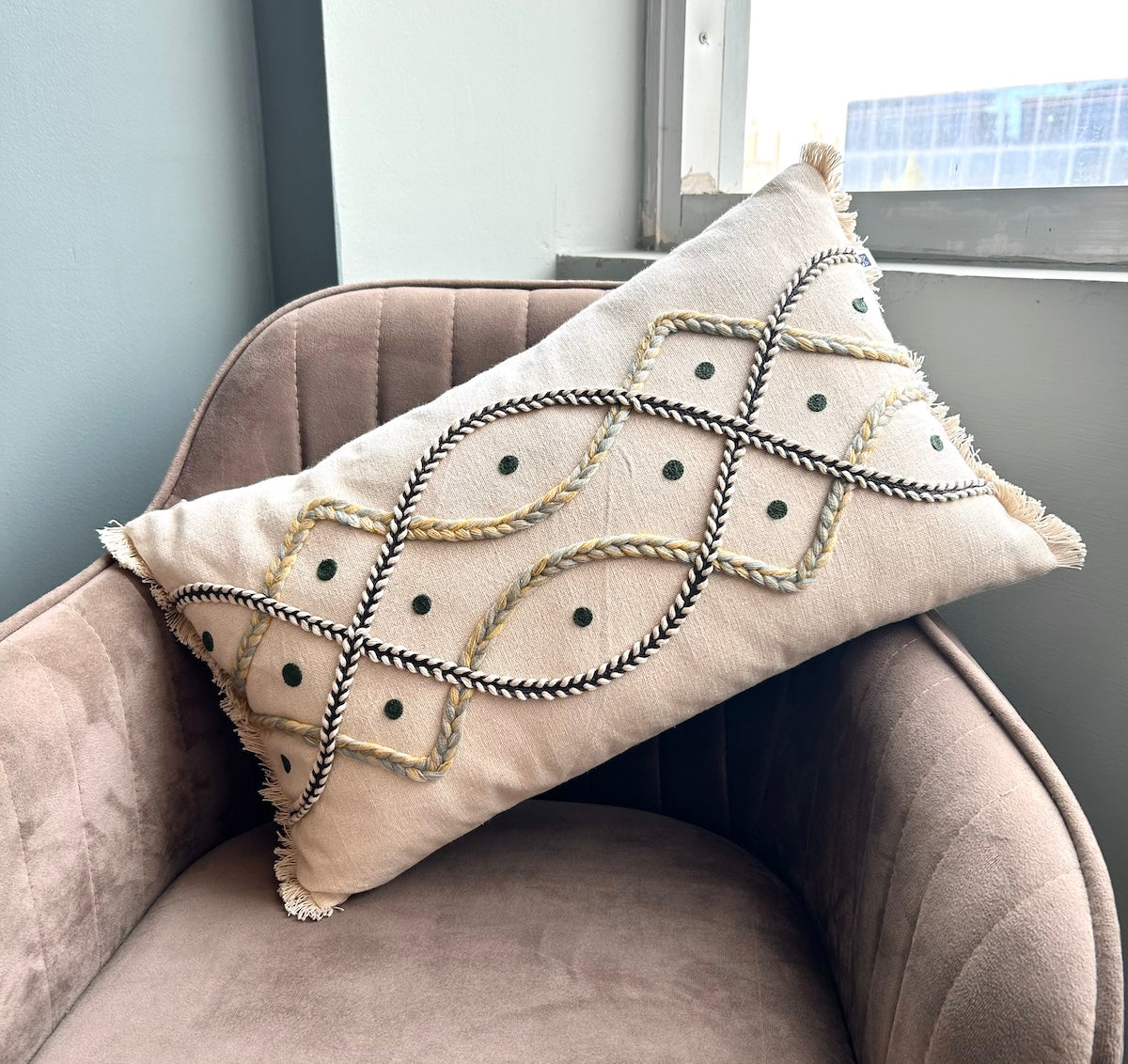 Hand Embroidery Interlace Design Cream Cotton Slub Lumbar Cushion Cover Size 12"x 20"