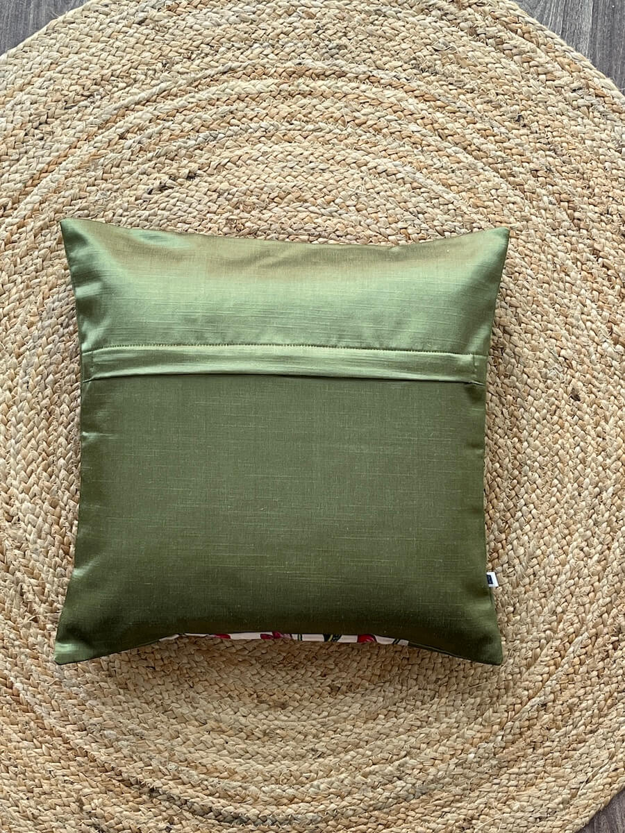 Pichwai Art Cushion Cover - Pink and Green | Premium Satin Modal Fabric | 16" x 16"