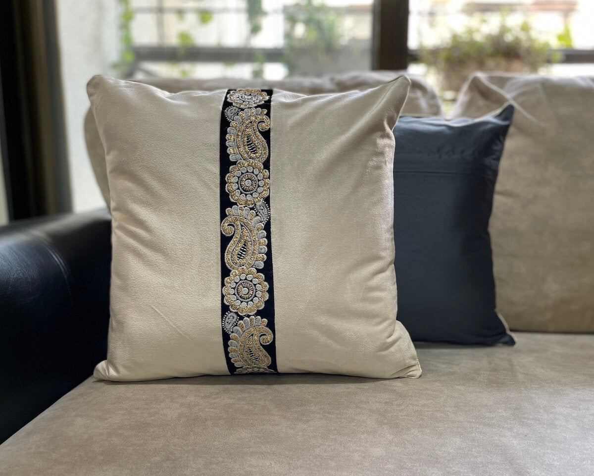 Bold Embroidered Lace Velvet Off-White Color Cushion Cover - 16''x16" Size