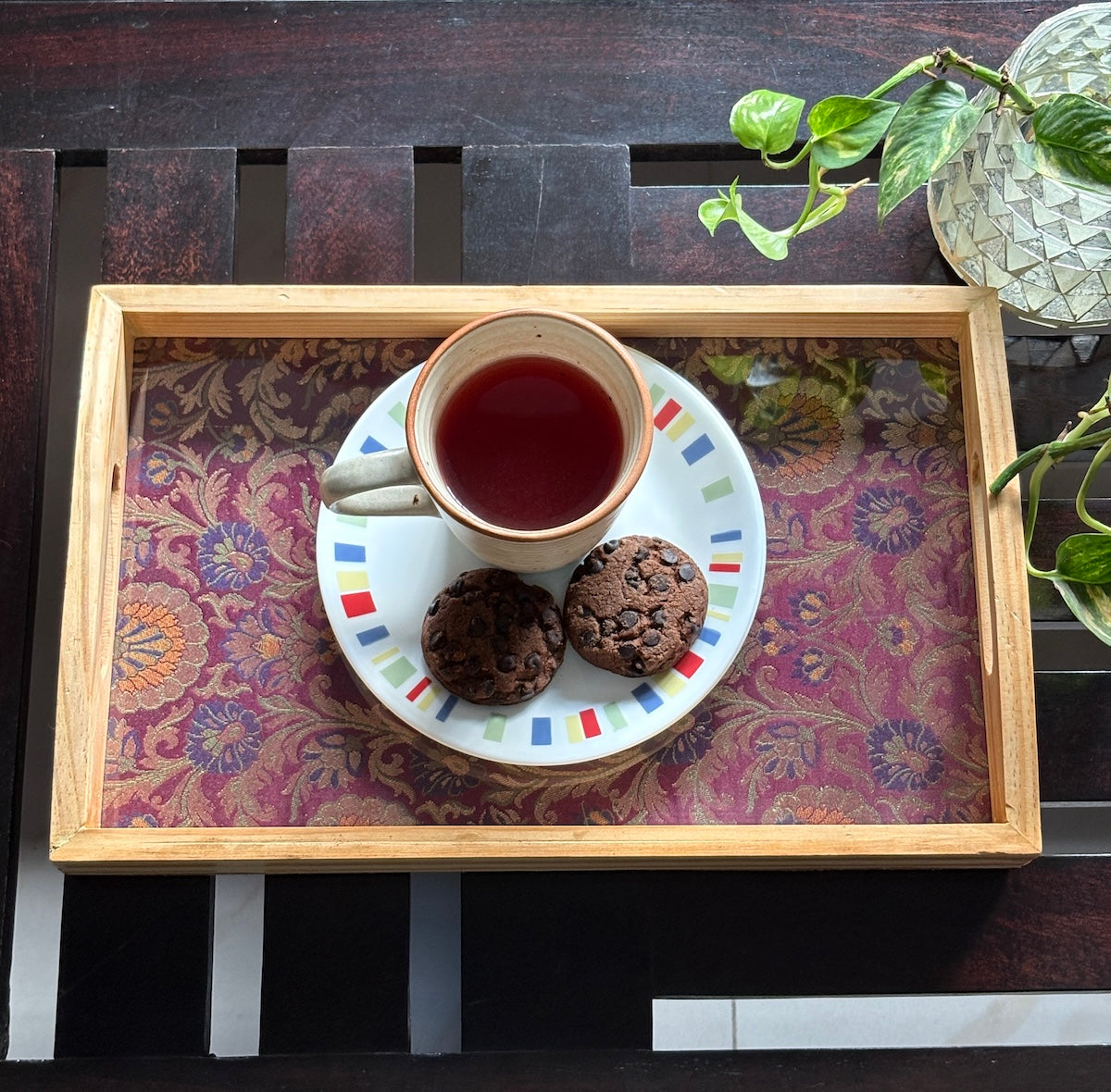 Rajwada Resham Purple-Wine Banarasi Brocade & Dupion Silk Table Runner & Matching Tray Combo Set