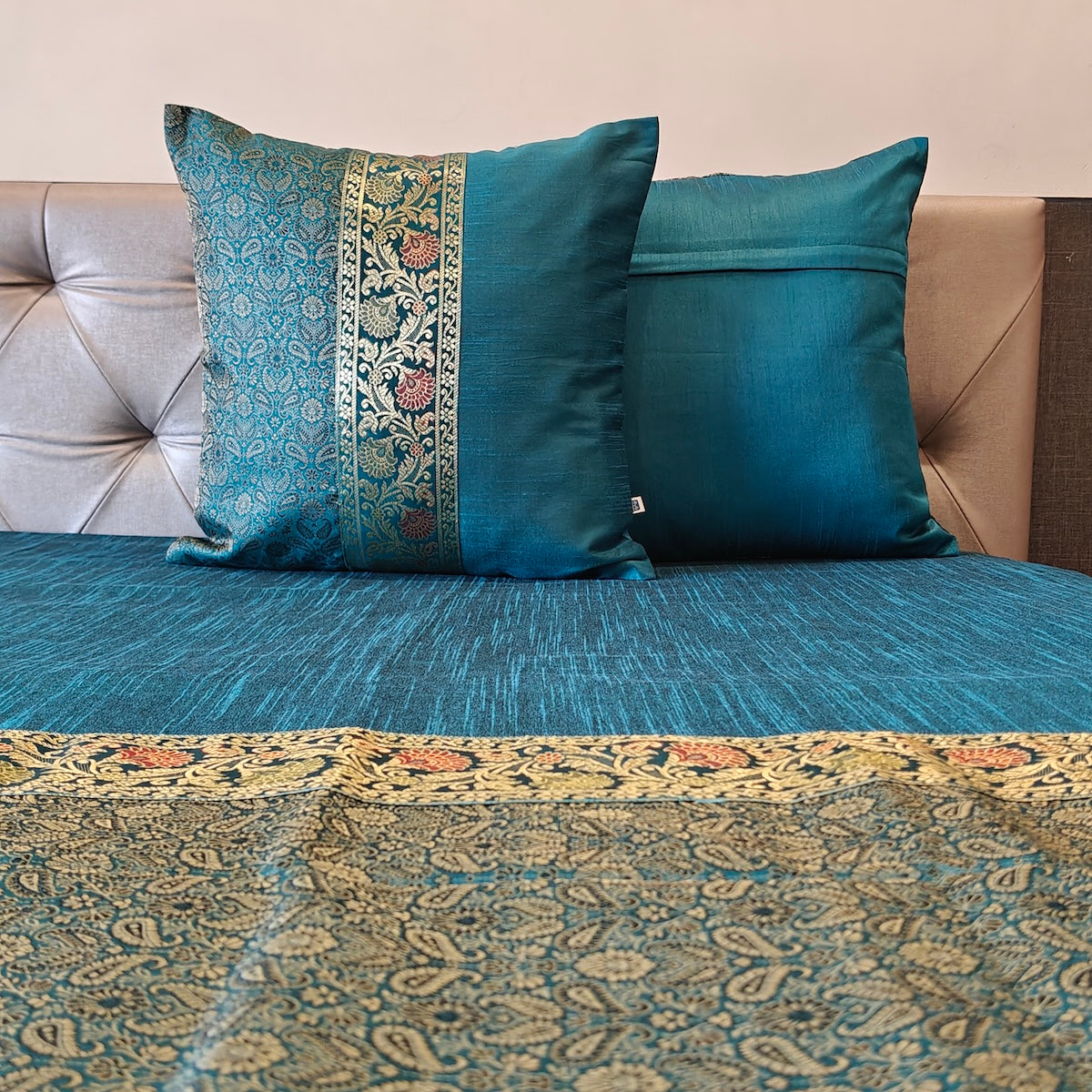 Regal Gold Tanchui Blue Banarasi Brocade Bedcover & Cushion Cover Set
