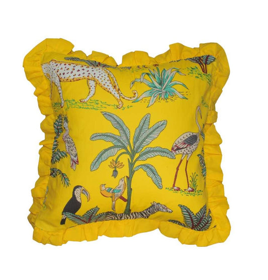 Wild Tropica Print Solid Yellow Frill Reversible Cotton Cushion Cover Size 16"x16" Set of 2