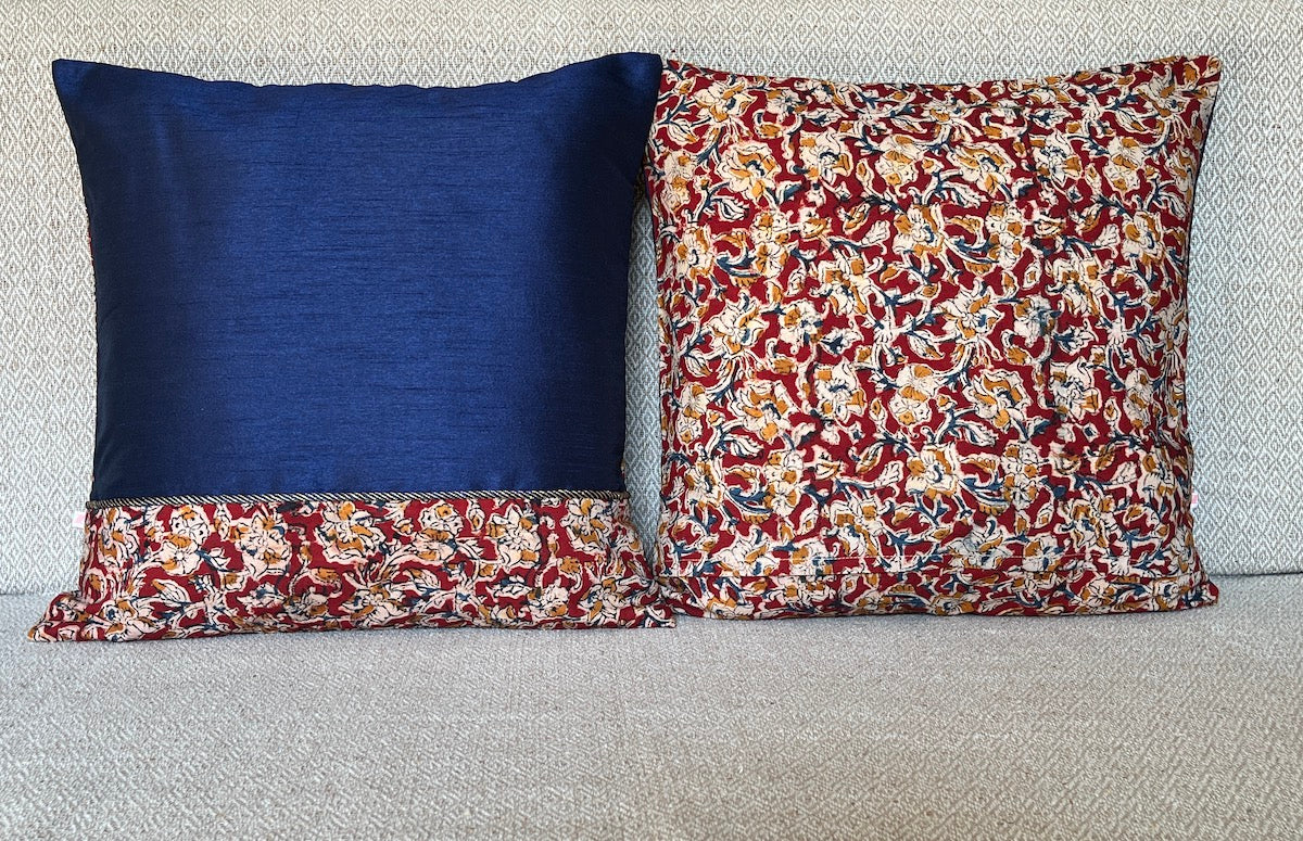 Kalamkari Maroon Print Mix N Match Royal Blue Dupion Silk Cushion Cover Size 16''x16"