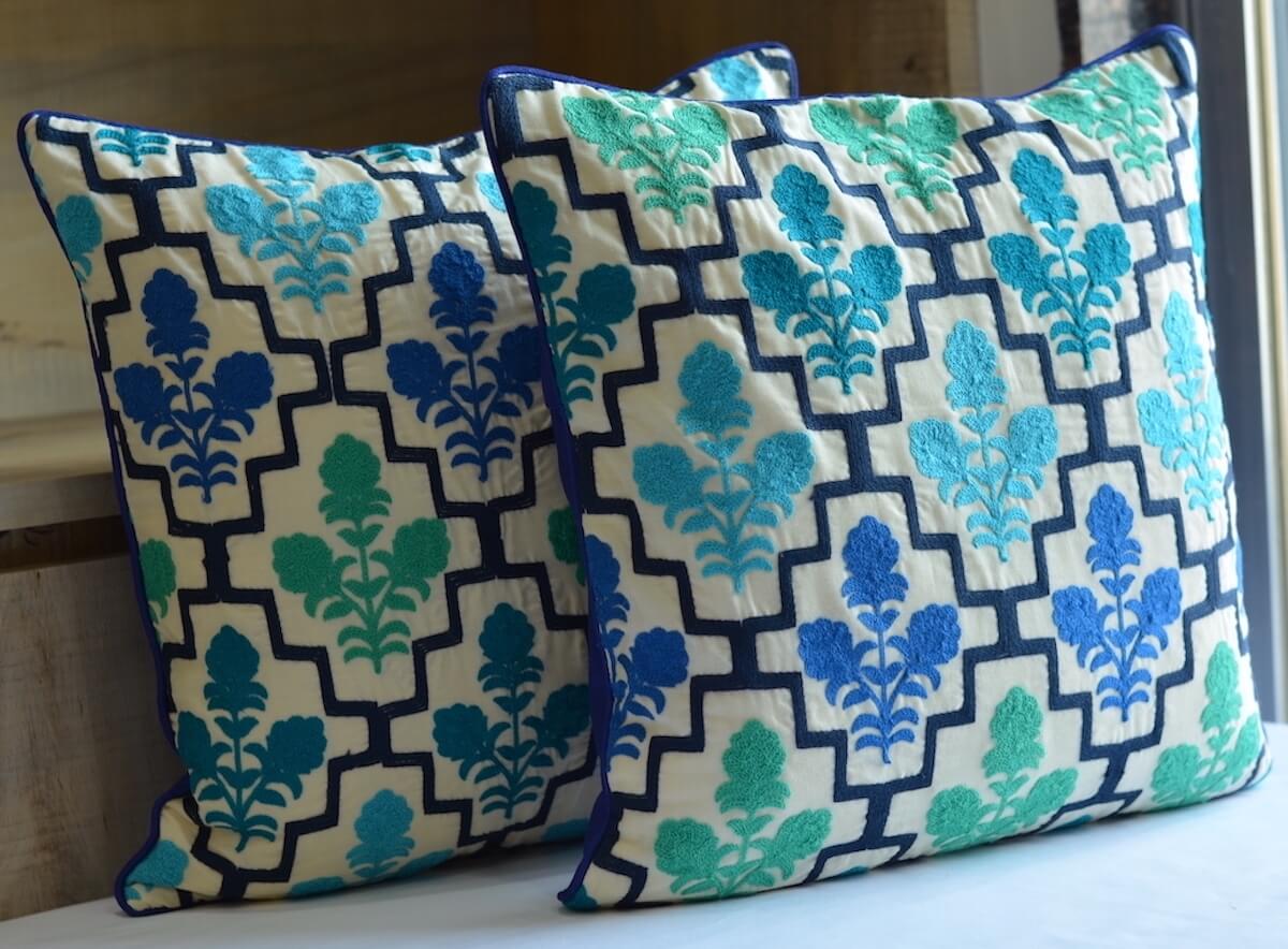 Embroidered Fine Cotton Blue Colour Cushion Cover Size 16"x16"