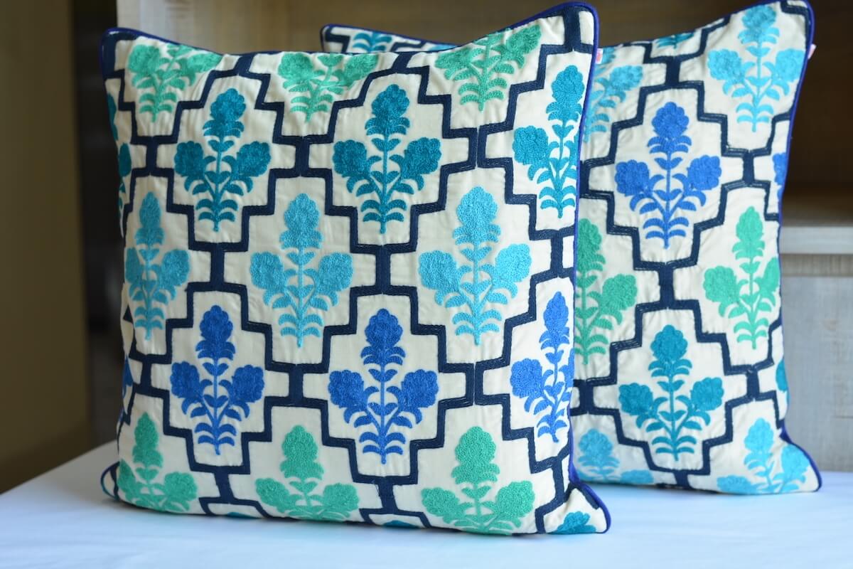 Embroidered Fine Cotton Blue Colour Cushion Cover Size 16"x16"