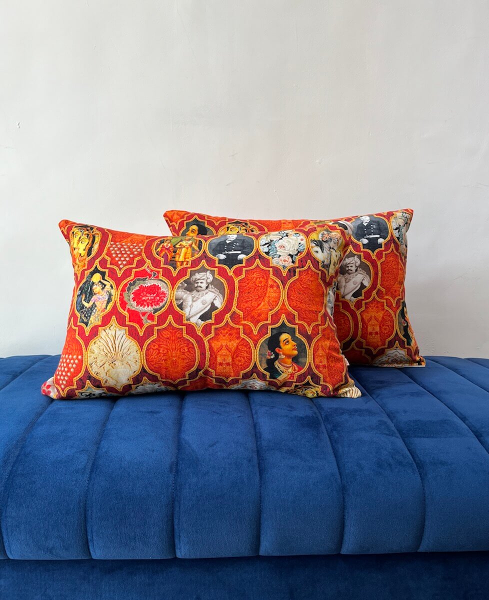 Indian Vintage Art Printed Cotton Canvas Orange Colour Lumbar Cushion Cover Size 12"x18"
