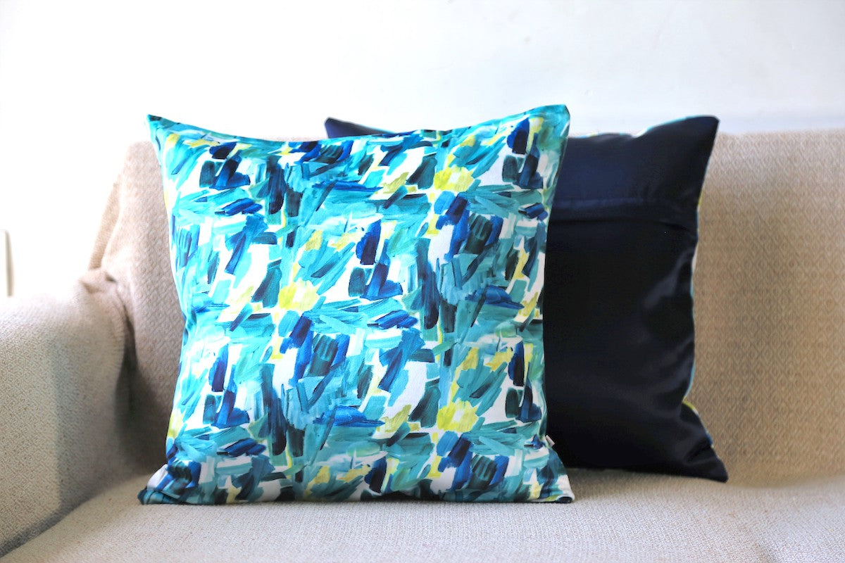 Abstract Brush Strokes Design Printed Velvet Shades of Blue Cushion Cover Size 16"x16"
