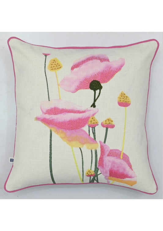 Oleander Floral Cotton Cushion Cover with Embroidery - 16” x 16”