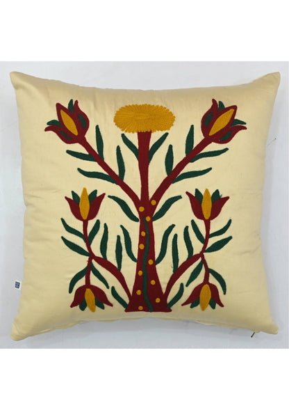 Aztec Tree Suzani Embroidered Cotton Satin Cream Cushion Cover 16"x16"
