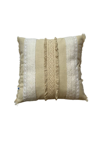 Crochet Lace Fringes Designer Cream Cotton Slub Cushion Cover Size 16"x16" Set of 2