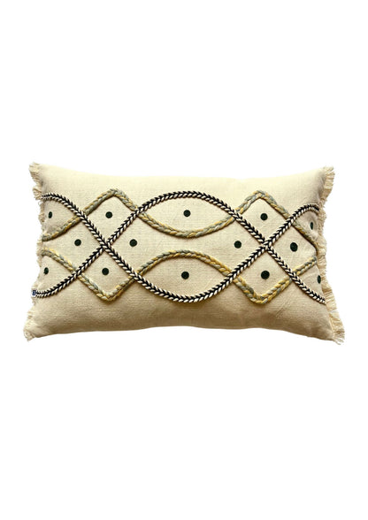 Hand Embroidery Interlace Design Cream Cotton Slub Lumbar Cushion Cover Size 12"x 20"