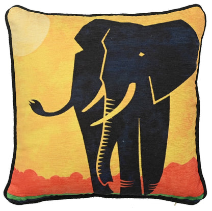 African Tusker Elephant Print Art Silk Cheneil Weave Offwhite Cushion Cover Size 16"x16"