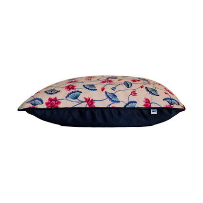 Pichwai Floral Aura Small Lotus Cream and Blue Print Velvet Cushion Cover 16" x 16"