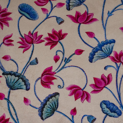 Pichwai Floral Aura Small Lotus Cream and Blue Print Velvet Cushion Cover 16" x 16"