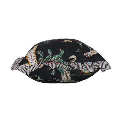 Wild Tropica Print Solid Black Frill Reversible Cotton Cushion Cover Size 16"x16" Set of 2