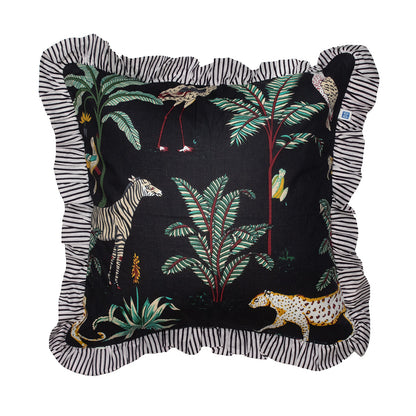 Wild Tropica Print Solid Black Frill Reversible Cotton Cushion Cover Size 16"x16" Set of 2