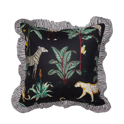 Wild Tropica Print Solid Black Frill Reversible Cotton Cushion Cover Size 16"x16" Set of 2