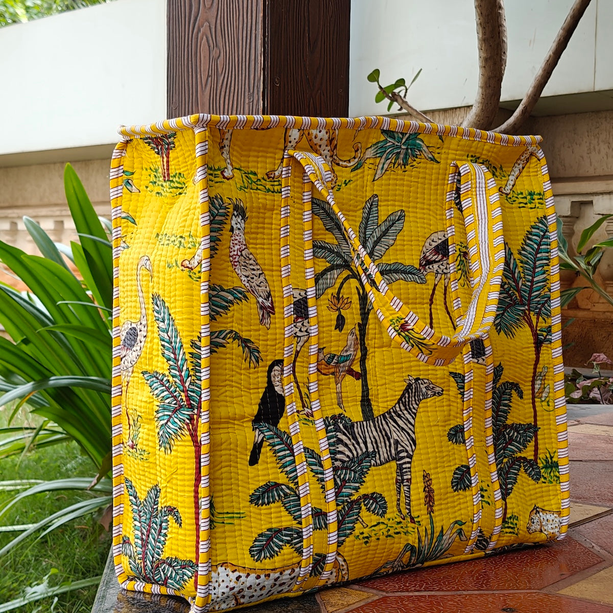 Hand Block Tropical Printed Quilted Tote Bag Yellow Size 18"x18"