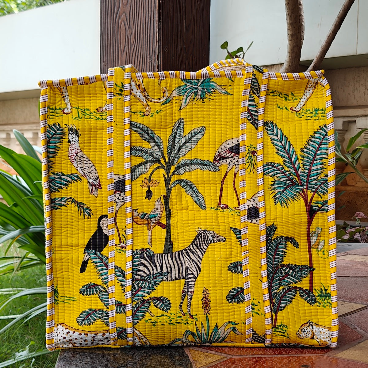 Hand Block Tropical Printed Quilted Tote Bag Yellow Size 18"x18"