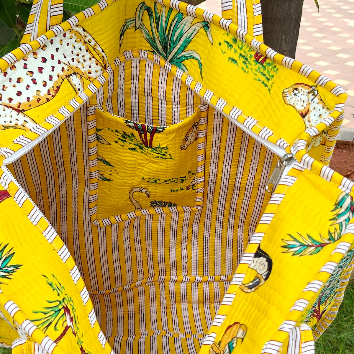 Hand Block Tropical Printed Quilted Tote Bag Yellow Size 18"x18"