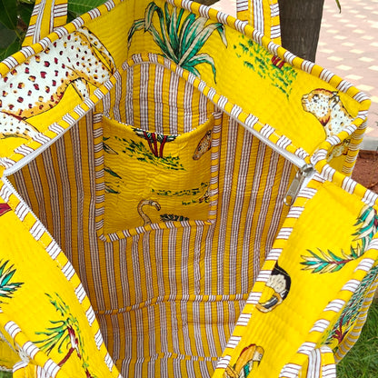 Hand Block Tropical Printed Quilted Tote Bag Yellow Size 18"x18"