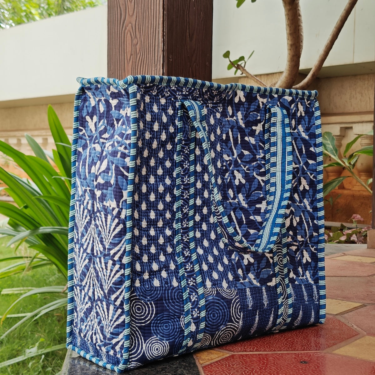 Hand Block Printed Quilted Tote Bag Bliss Blue Size 18"x18"