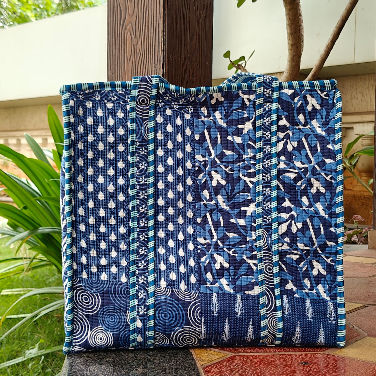 Hand Block Printed Quilted Tote Bag Bliss Blue Size 18"x18"