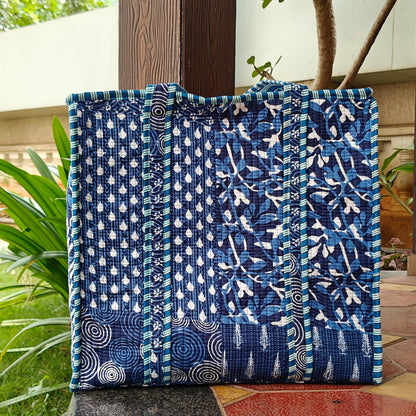 Hand Block Printed Quilted Tote Bag Bliss Blue Size 18"x18"