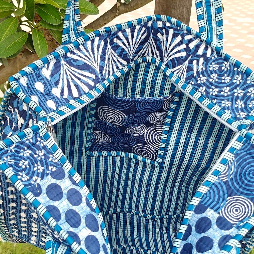 Hand Block Printed Quilted Tote Bag Bliss Blue Size 18"x18"