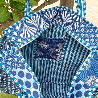 Hand Block Printed Quilted Tote Bag Bliss Blue Size 18"x18"