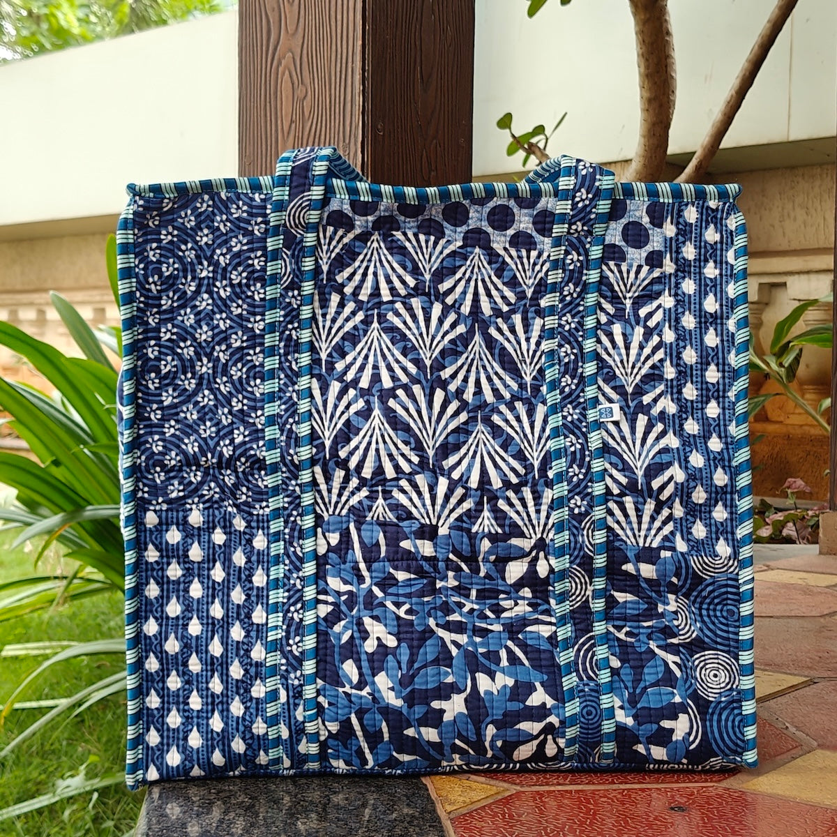 Hand Block Printed Quilted Tote Bag Bliss Blue Size 18"x18"