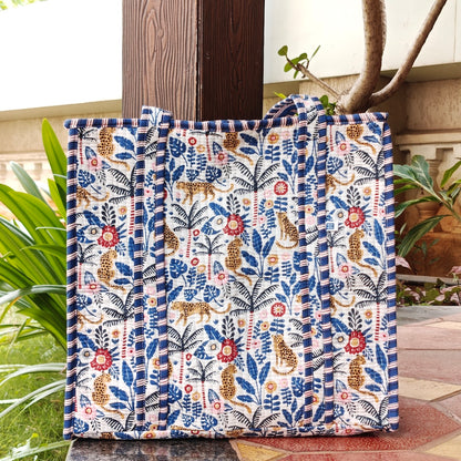 Hand Block Flora & Fauna Oasis Printed Quilted Tote Bag White Size 16"x16"