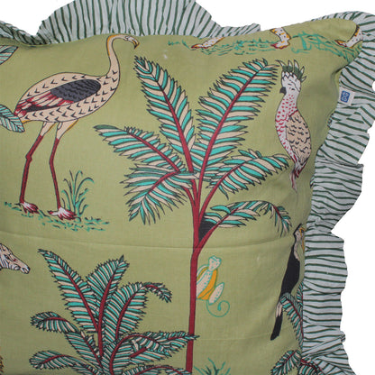 Wild Tropica Print Solid Green Frill Reversible Cotton Cushion Cover Size 16"x16" Set of 2