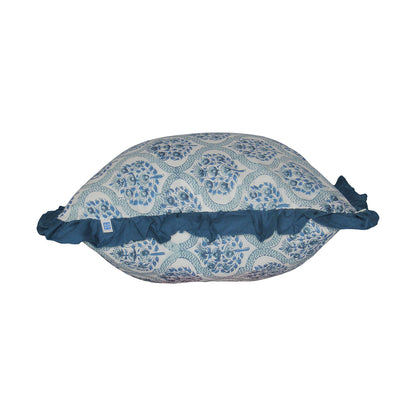 Block Print Serene Swirls Solid Blue Frill  Reversible Cotton Cushion Cover Size 16"x16" Set of 2
