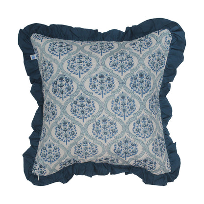 Block Print Serene Swirls Solid Blue Frill  Reversible Cotton Cushion Cover Size 16"x16" Set of 2