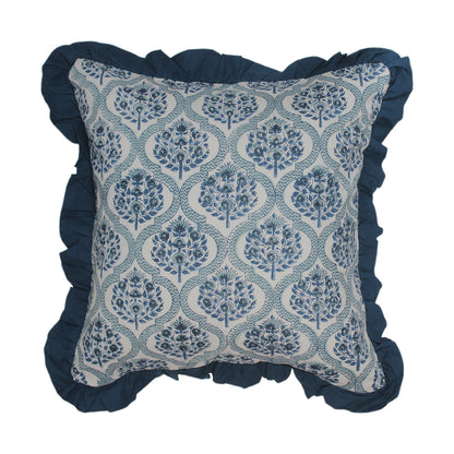 Block Print Serene Swirls Solid Blue Frill  Reversible Cotton Cushion Cover Size 16"x16" Set of 2