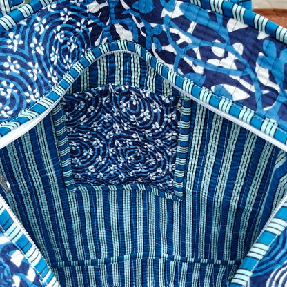 Hand Block Printed Quilted Tote Bag Bliss Blue Size 16"x16"