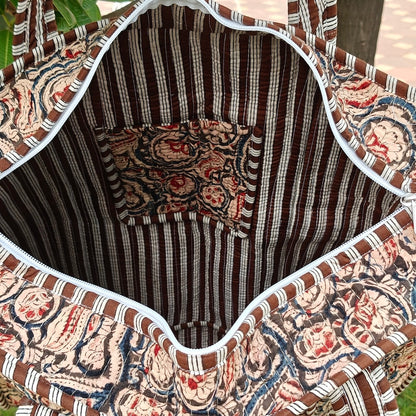 Hand Block Kalamkari Printed Quilted Tote Bag Brown Size 18"x18"