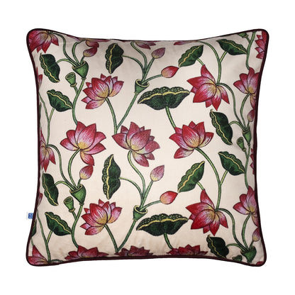 Pichwai Serenity Lotus Printed Beige Velvet Cushion Cover 16" X 16"