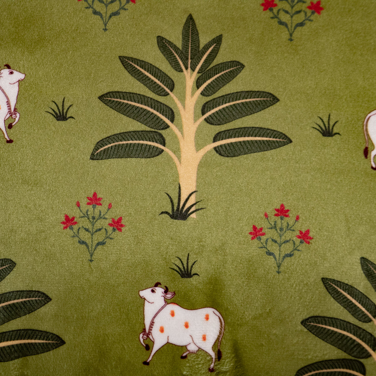 Pichwai Divine Cow Printed Green Velvet Cushion Cover  16" X 16"