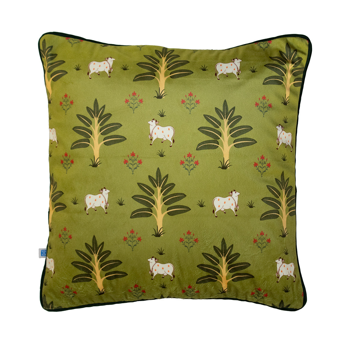 Pichwai Divine Cow Printed Green Velvet Cushion Cover  16" X 16"