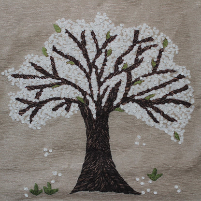 Tree of Life Hand Knot Embroidery and Print Art Silk Cheneil Weave and Beige Cushion Cover Size 16"x16"