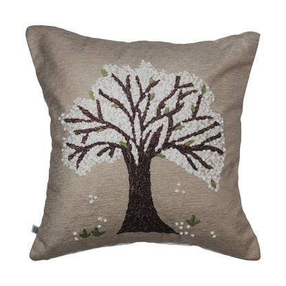 Tree of Life Hand Knot Embroidery and Print Art Silk Cheneil Weave and Beige Cushion Cover Size 16"x16"